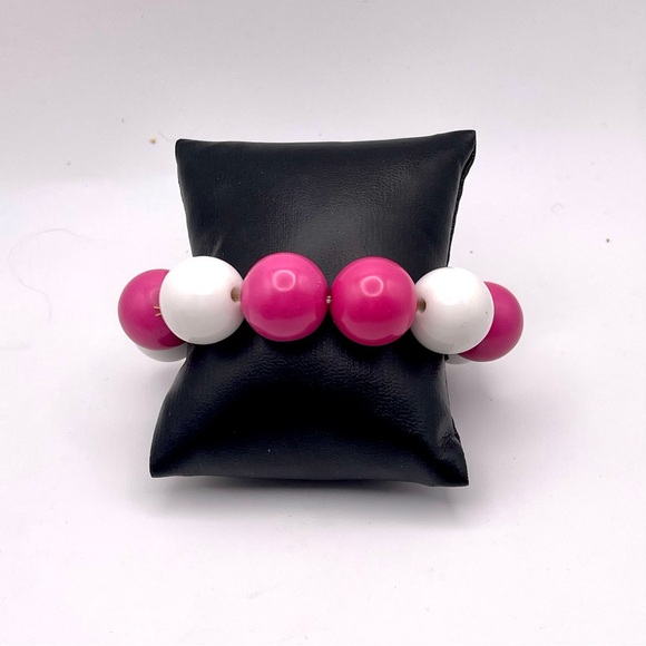 Fun Bright Pink and White Bubblegum Bead Stretch Bracelet OSFM - Picture 9 of 14
